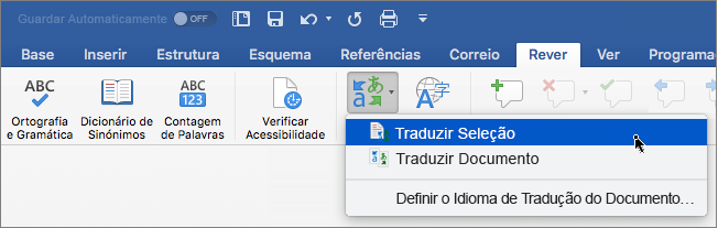 Separador Rever com a opção Traduzir Seleção realçada