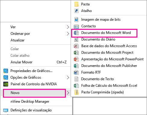 A partir do ambiente de trabalho, selecione Novo e, em seguida, selecione a aplicação para o documento que pretende criar.