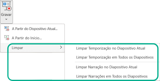 Os comandos Limpar no botão do menu Gravar Apresentação de Diapositivos no PowerPoint.