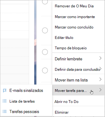 Prima sem soltar (ou clique com o botão direito do rato) para aceder ao menu de contexto. Selecione Mover tarefas para ... e selecione a lista para a qual pretende mover a tarefa.