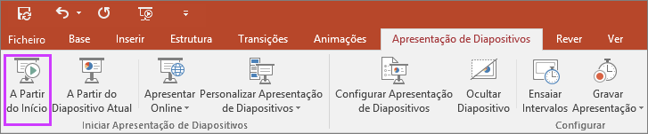 Mostra o botão "a partir do início" no separador da apresentação de diapositivos no PowerPoint