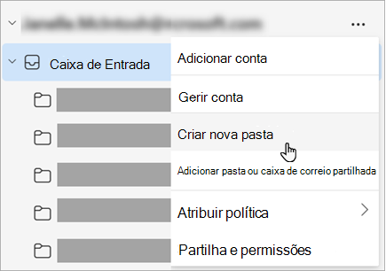 Captura de ecrã a mostrar a opção Criar nova pasta selecionada no menu Mais opções no painel de pastas