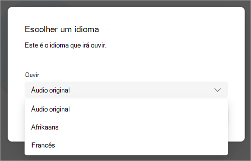 Captura de ecrã do menu pendente com opções de idioma para traduzir durante a reunião do Teams.