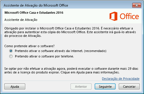 Apresenta o Assistente de Ativação do Microsoft Office