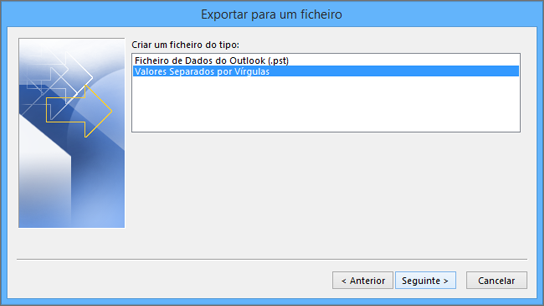 Assistente de Exportação do Outlook – Selecionar ficheiro CSV