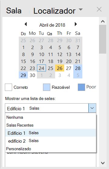 Utilize o Localizador de Salas para ver as salas de conferência disponíveis para a sua reunião.