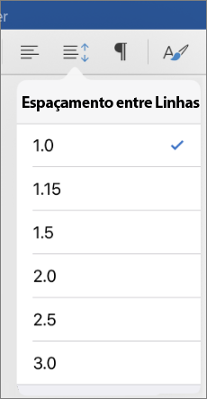 Mostra as opções de espaçamento entre linhas no Word para iPad.