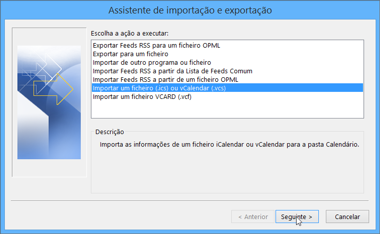 Selecione Importar um ficheiro iCalendar ou vCalendar.