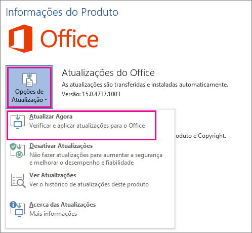 Procurar manualmente atualizações do Office no Word 2016