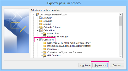 Desloque para cima e, em seguida, selecione a pasta de contactos que pretende exportar.