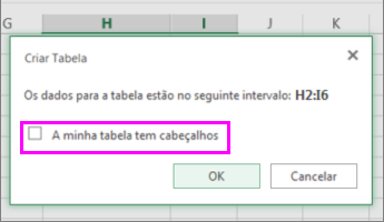 Caixa de diálogo para converter um intervalo de dados numa tabela