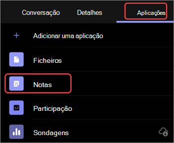 Captura de ecrã a mostrar como aceder a notas de uma reunião anterior do Teams em dispositivos móveis