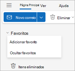 Captura de ecrã a mostrar a lista pendente Favoritos com opções para Adicionar ou Ocultar favoritos