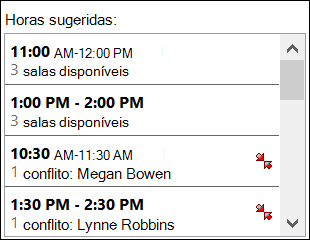 Utilize o seletor horas sugeridas para ver quando os participantes estão disponíveis.