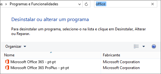 Mostra duas cópias do Office instaladas no Painel de Controlo