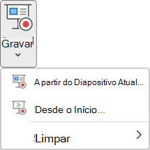 Os comandos Gravar Apresentação de Diapositivos no Separador Gravação no PowerPoint.