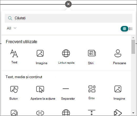 Selectați cercul dintr-o pagină SharePoint pe care o editați pentru a vedea părțile web disponibile.