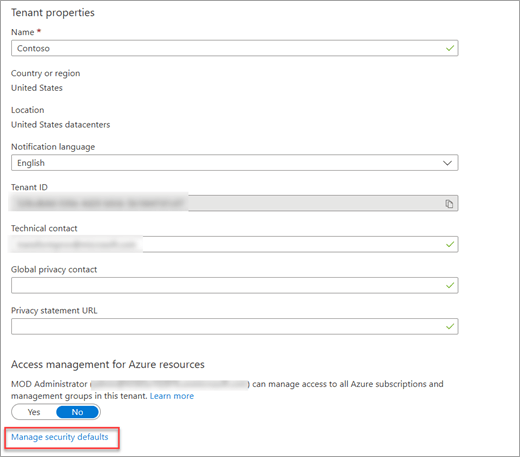 Ecranul de proprietăți al entității găzduite Azure Active Directory cu linkul Gestionați setările implicite de securitate evidențiat.