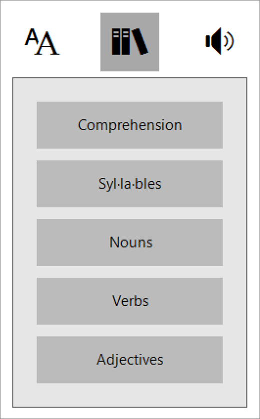 Părți ale discurs meniu în cititor imersiv, parte din instrumente de instruire pentru OneNote.