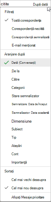 Captură de ecran a listei verticale Sortare mesaje