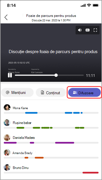 Vizualizați vorbitorii în recapitularea întâlnirii Teams.