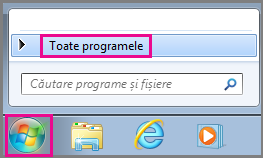 Căutarea aplicațiilor Office utilizând Toate programele în Windows 7