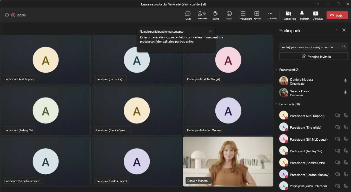 Captură de ecran afișând vizualizarea organizatorului atunci când numele sunt ascunse în întâlnirea Teams sau în webinar.