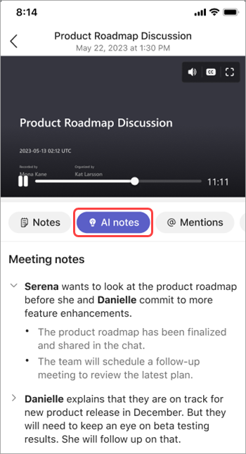 Vizualizați notele generate de inteligența artificială în recapitulația întâlnirii Teams.