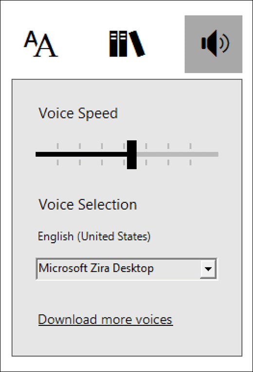 Meniul de controale voce în cititor imersiv, parte din instrumente de instruire pentru OneNote.