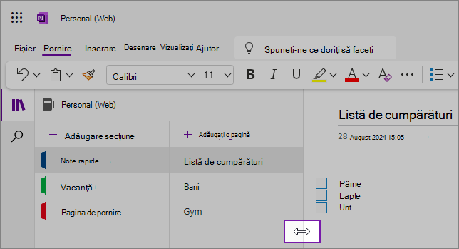 Capturi de ecran care arată cum să redimensionați panourile de navigare OneNote