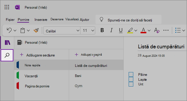 Vizualizarea interfeței de utilizator web OneNote afișând zona de conținut