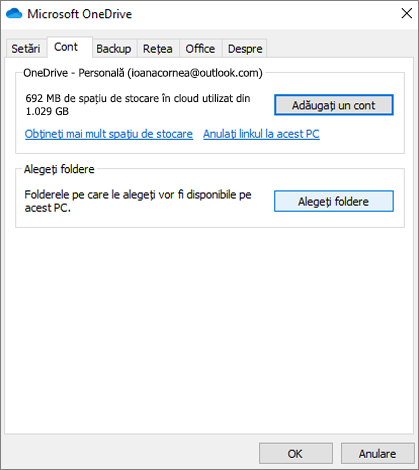 Caseta de dialog Adăugare cont OneDrive