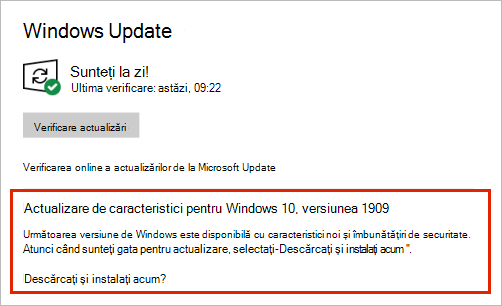 Windows Update afișând amplasarea actualizărilor de caracteristici