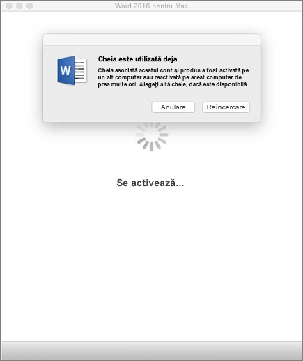 Mesajul „Cheia este utilizată deja” apare când activați Office 2016 pentru Mac