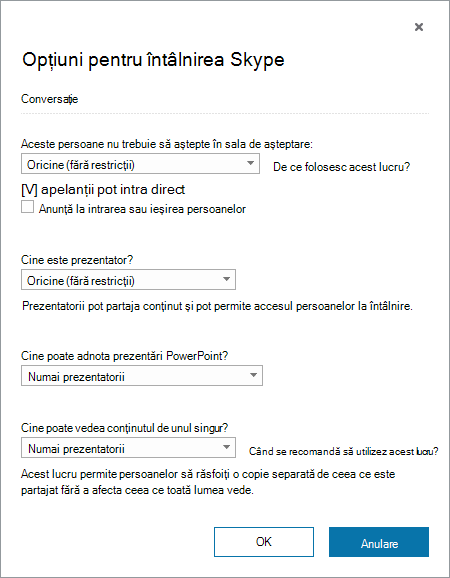 Caseta de dialog opțiuni întâlnire Skype for Business