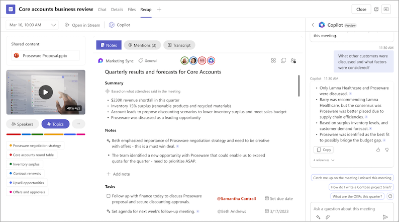 Captură de ecran afișând funcționalitatea copilotului în recapitularea întâlnirii Teams