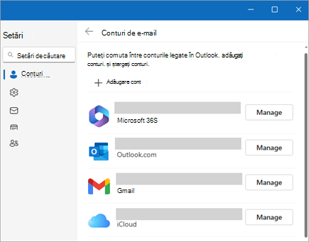 Captură de ecran a ferestrei Setări afișând opțiunea Gestionare conturi în noul Outlook
