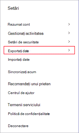 Meniul setări din Dashlane cu Exportați datele evidențiate.