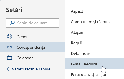 Captură de ecran a meniului Setări cu opțiunea E-mail nedorit selectată