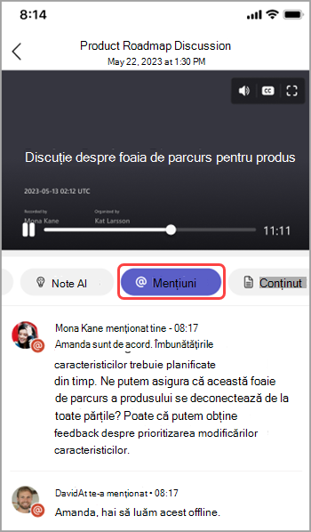 Vizualizați mențiunile de nume în recapitularea întâlnirii Teams.