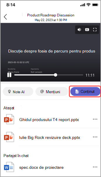 Vizualizați conținutul partajat în recapitularea întâlnirii Teams.