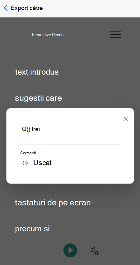 Un cuvânt tradus în vizualizarea Immersive Reader din Microsoft Lens pentru iOS.