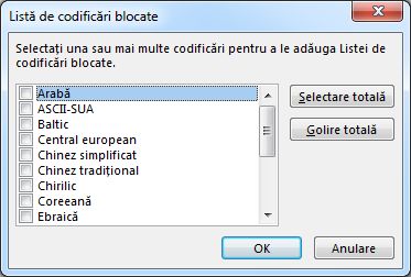 Caseta de dialog Listă de codificări blocate