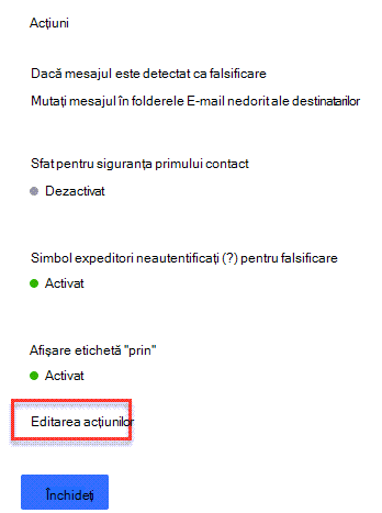 Panoul de acțiuni de politică anti-phishing cu o săgeată indicând spre linkul Editare acțiuni.