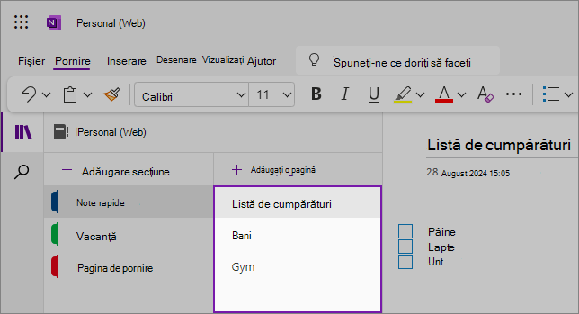 Vizualizarea interfeței de utilizator web OneNote afișând zona de conținut