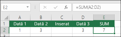 Exemplul prezintă o formulă SUM care se extinde automat din =SUM(A2:C2) la =SUM(A2:D2) atunci când este inserată o coloană