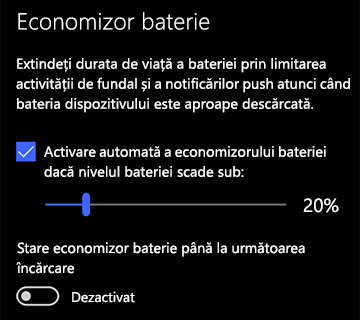 Imagine cu setările de economisire a bateriei