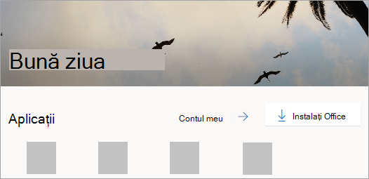 Captură de ecran a paginii de pornire Office.com după conectare