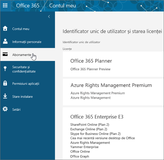 Pagina Abonamente Office 365