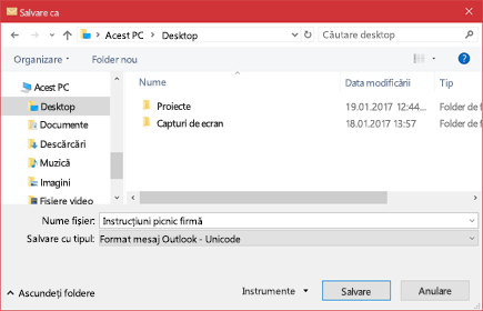 Puteți salva un mesaj de e-mail existent ca fișier.